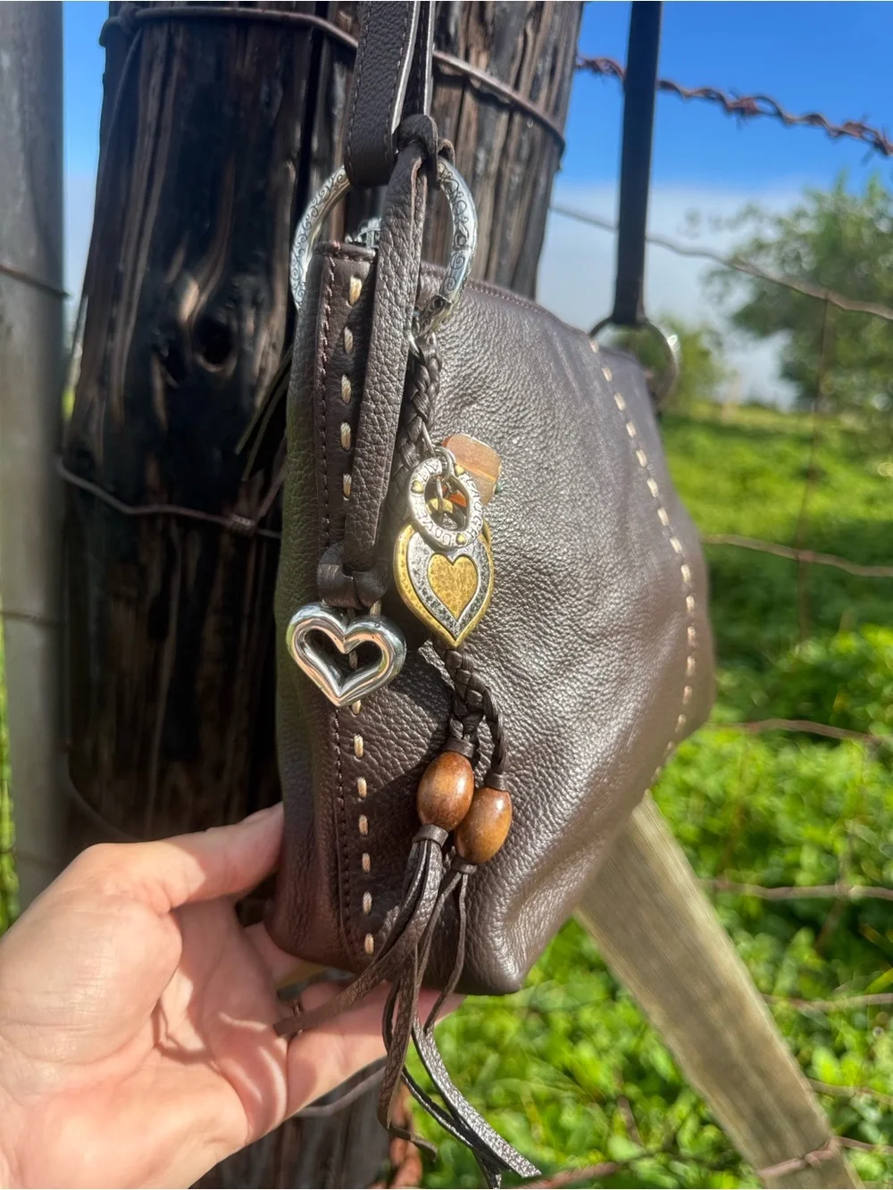 Brighton Koda Brown Leather Hobo Crossbody Tassle heart F367405
